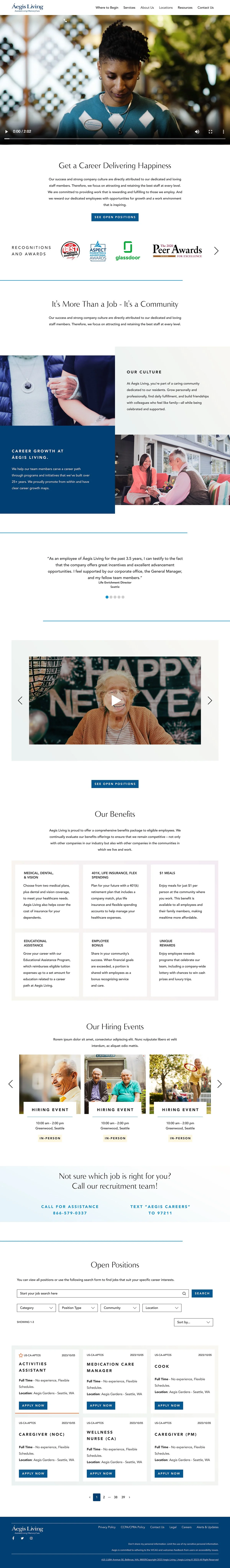 Careers page design for Aegis Living