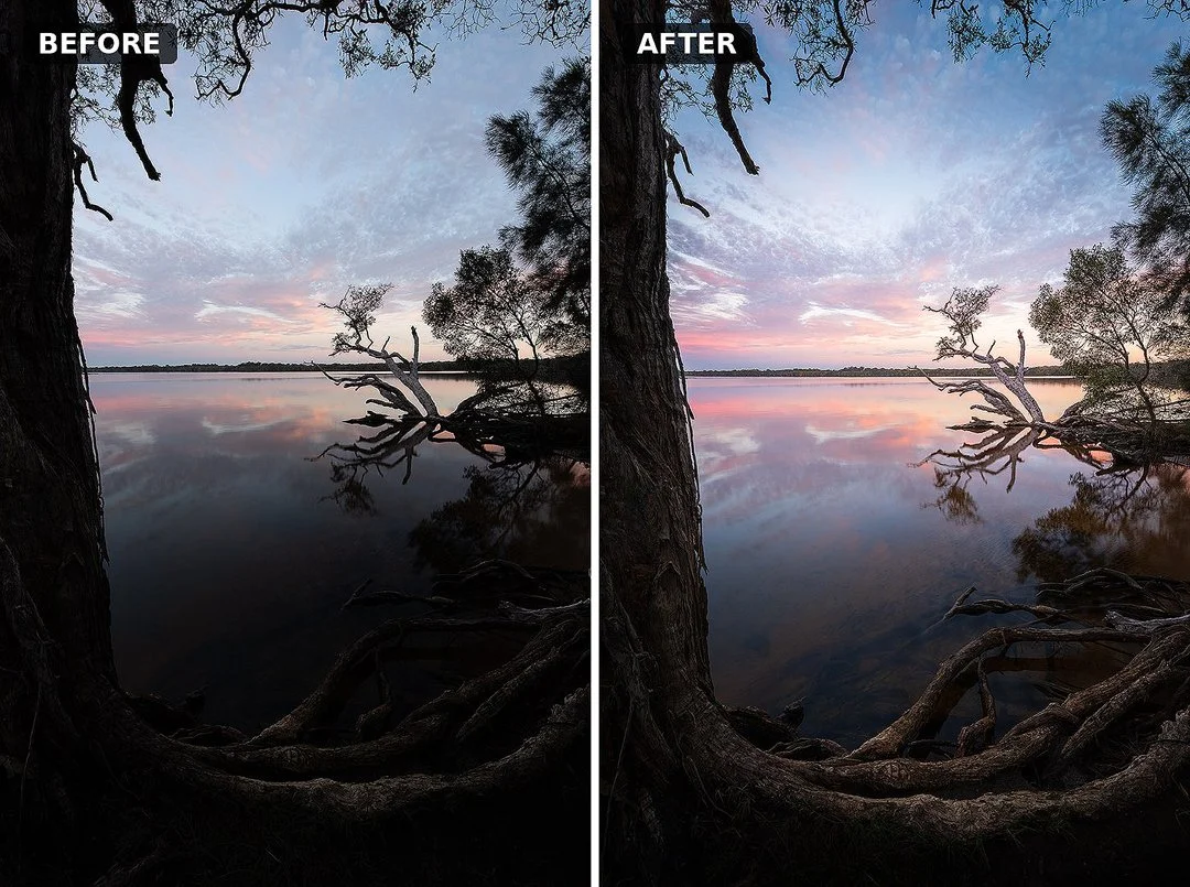 Real Lake Weyba RAW capture compared with the finished photograph after the DKP editing workflow