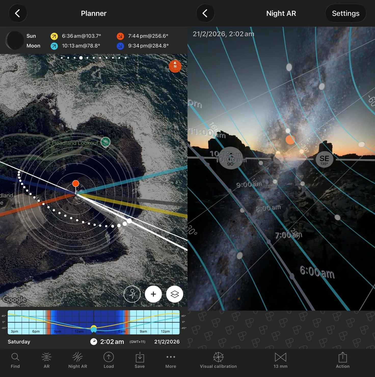 PhotoPills planning screenshot showing Milky Way alignment and timing