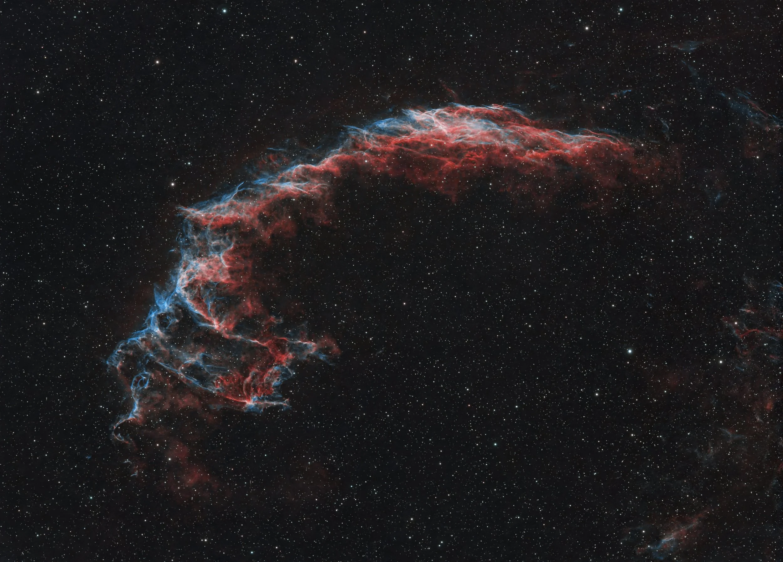 Eastern Veil Nebula processed from 16 300-second DWARF Draco dual-narrowband exposures.