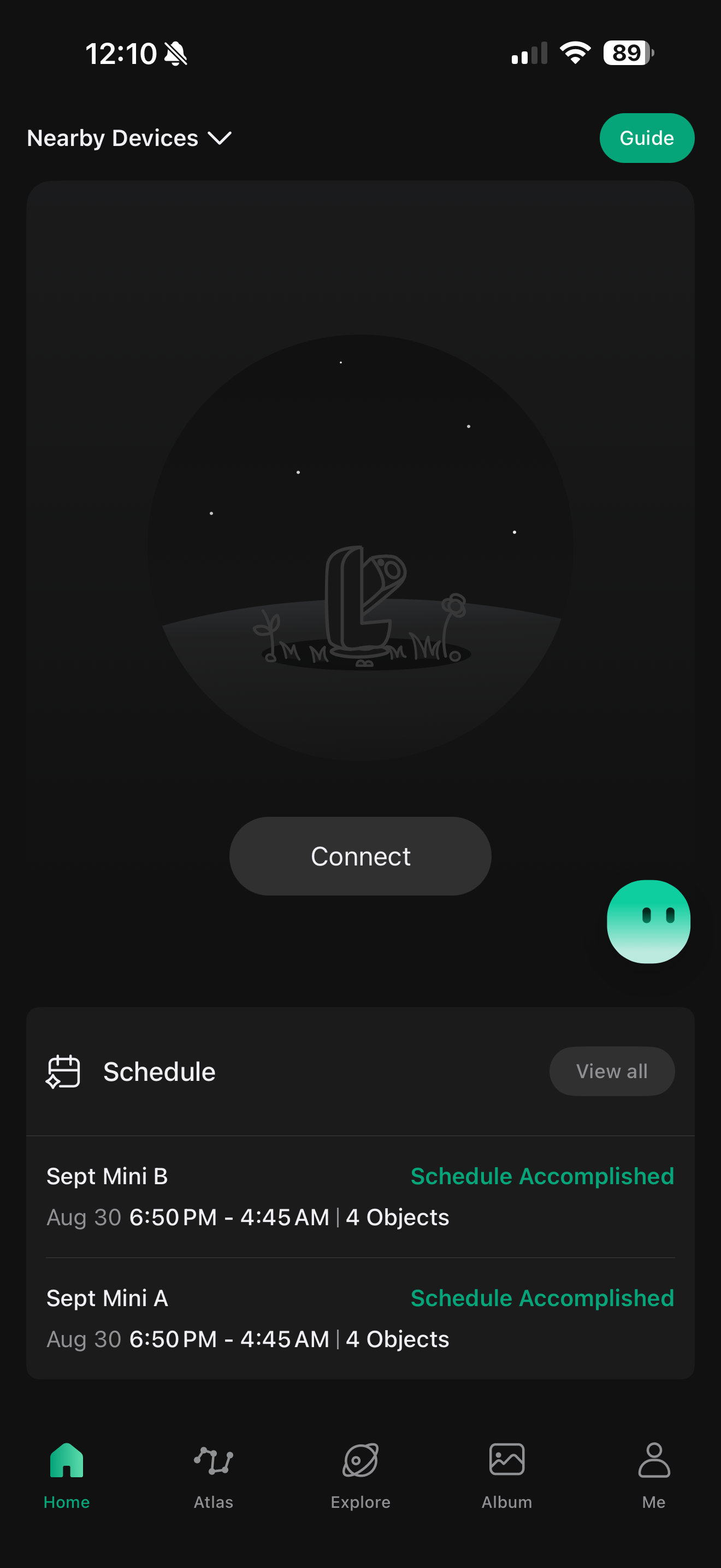 DWARFLAB home screen showing four-object schedules marked Schedule Accomplished for Mini A and Mini B.