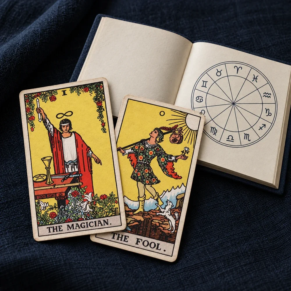 Rider-Waite Magician and Fool cards beside an open book showing the zodiac