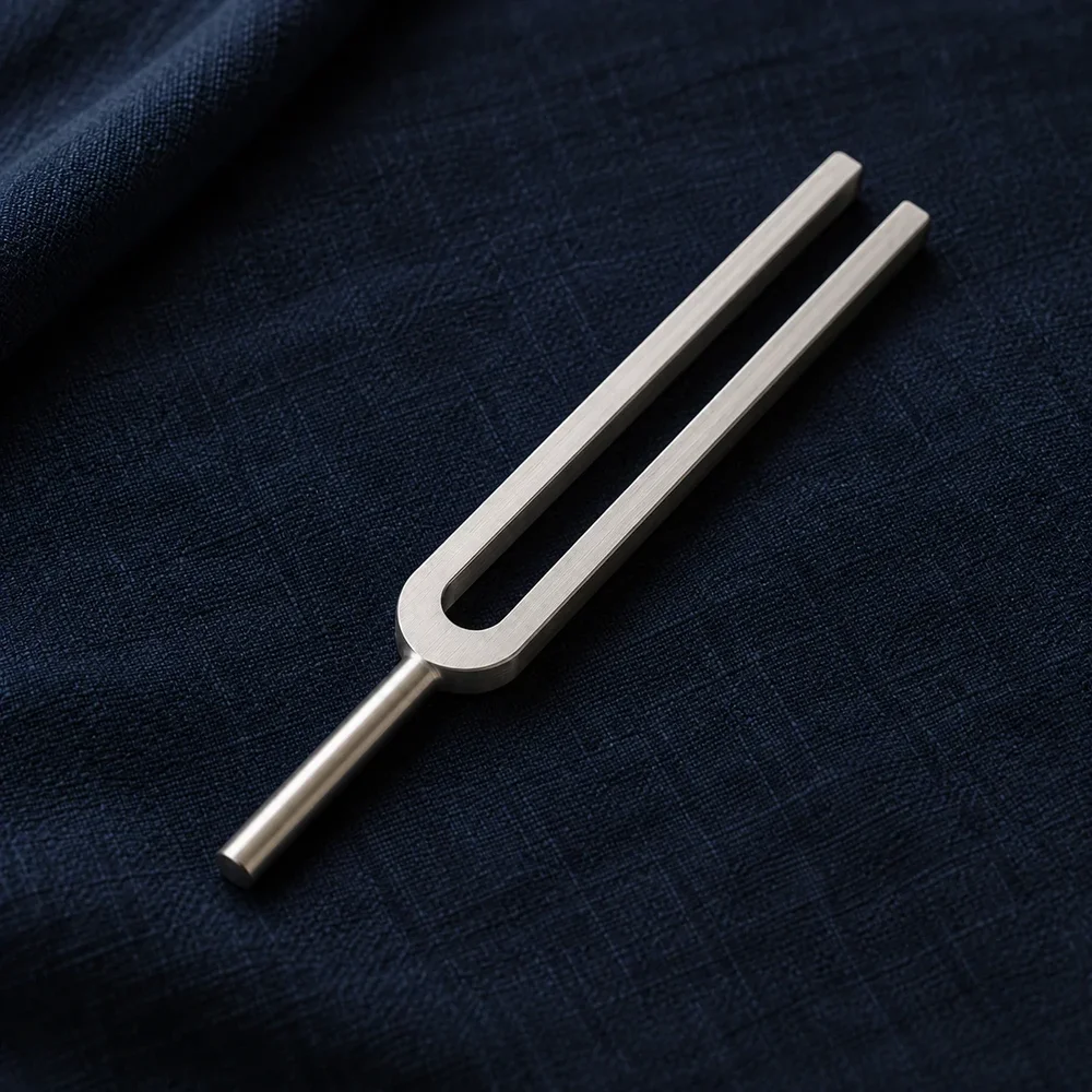A silver tuning fork resting on navy linen