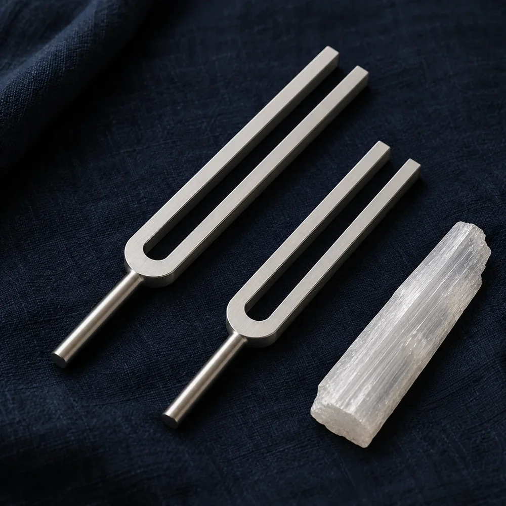 Two silver tuning forks and a large piece of selenite on navy linen