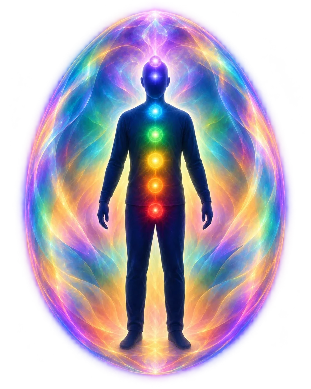 Artistic human energy field with seven chakra colors and an iridescent aura