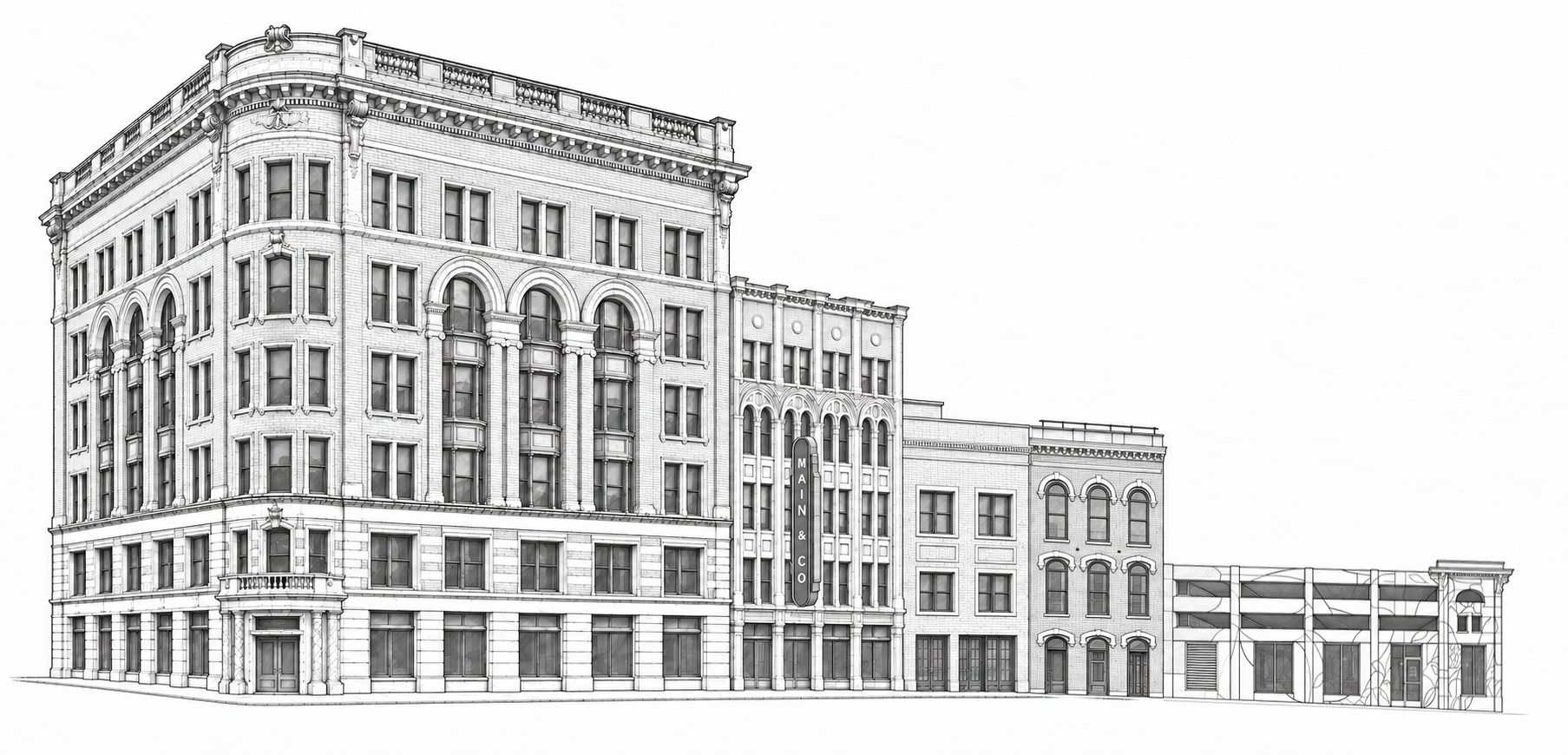 Architectural illustration of 917 Franklin, 114 Main, the adjoining historic buildings and the garage.