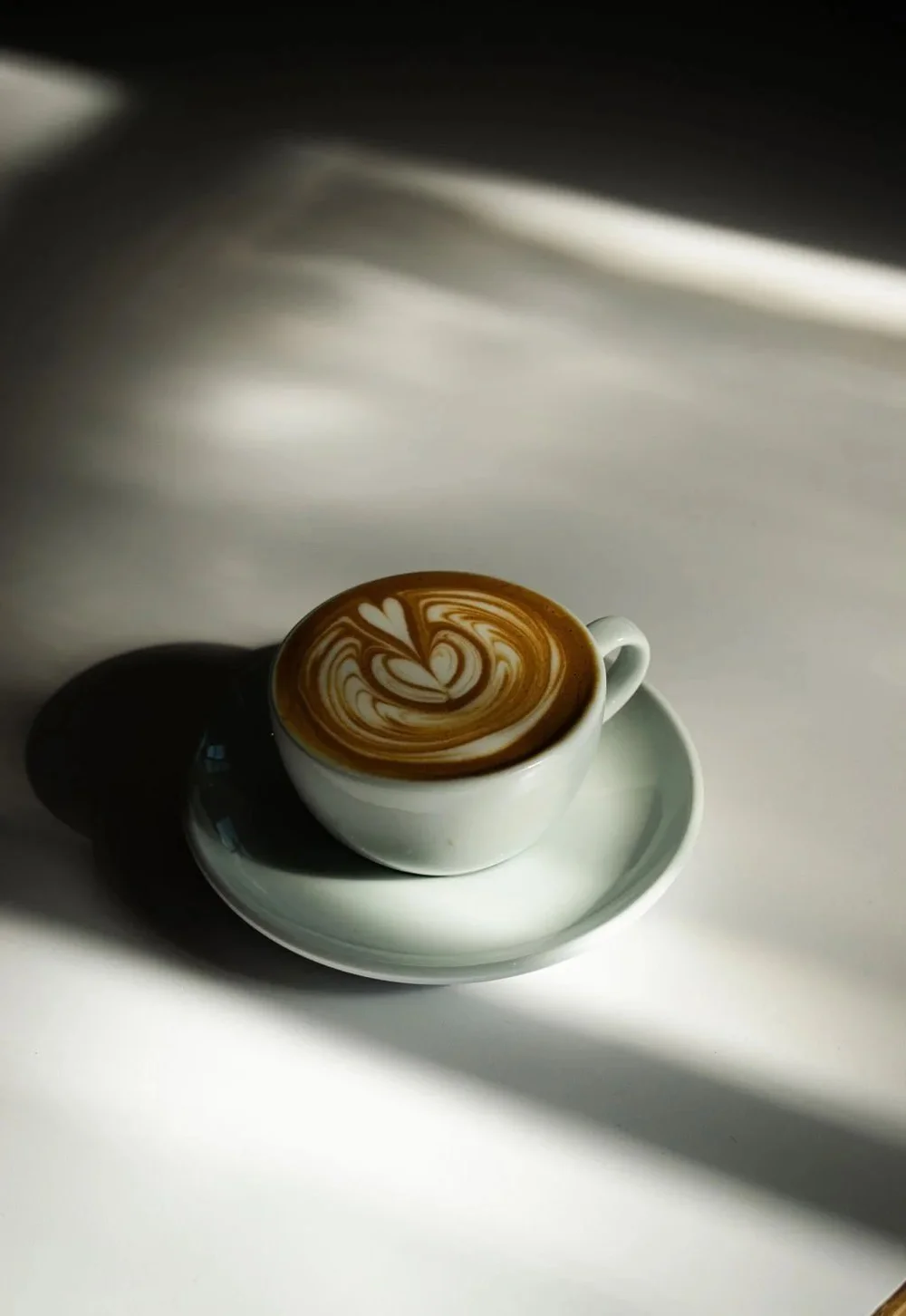 A cup of coffee with latte art in afternoon sunlight