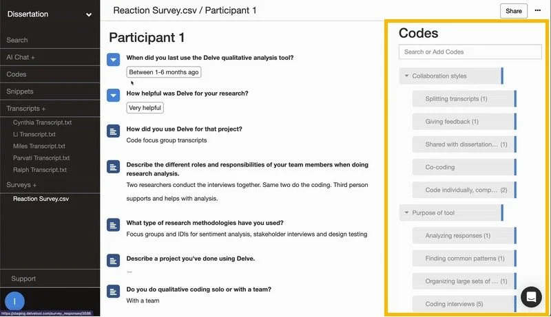 Delve codes sidebar showing nested codes