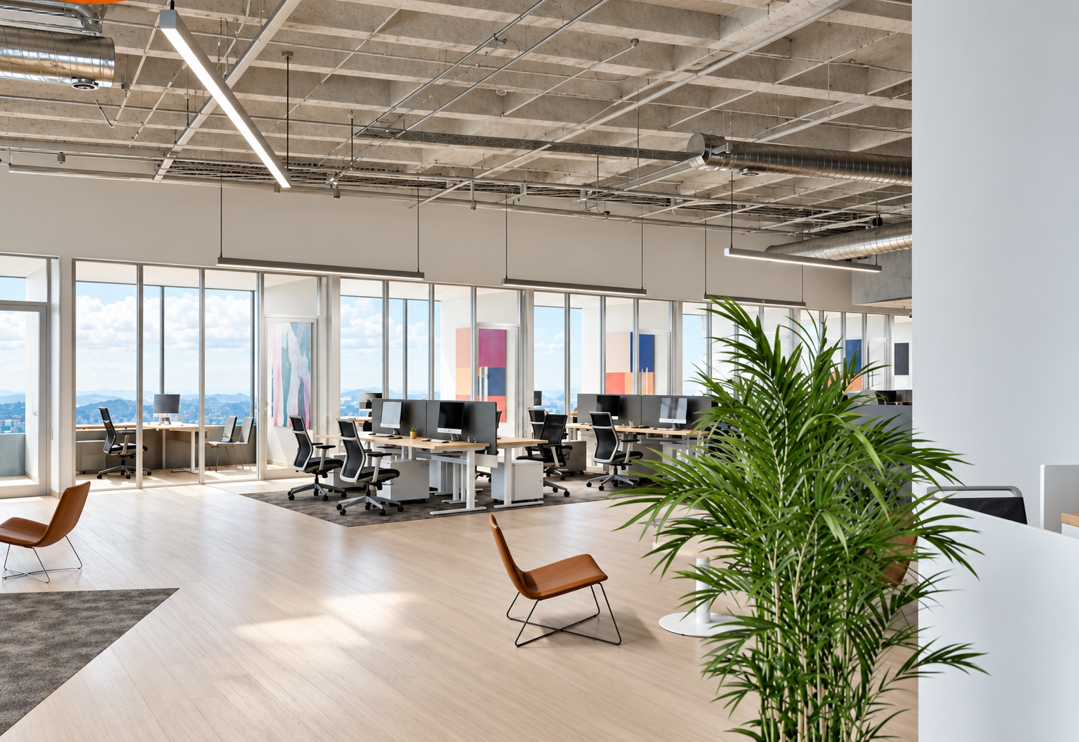 Sunlit open-plan office with workstations