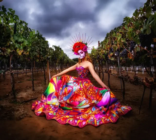 Catrina spreading a colorful embroidered dress between vineyard rows