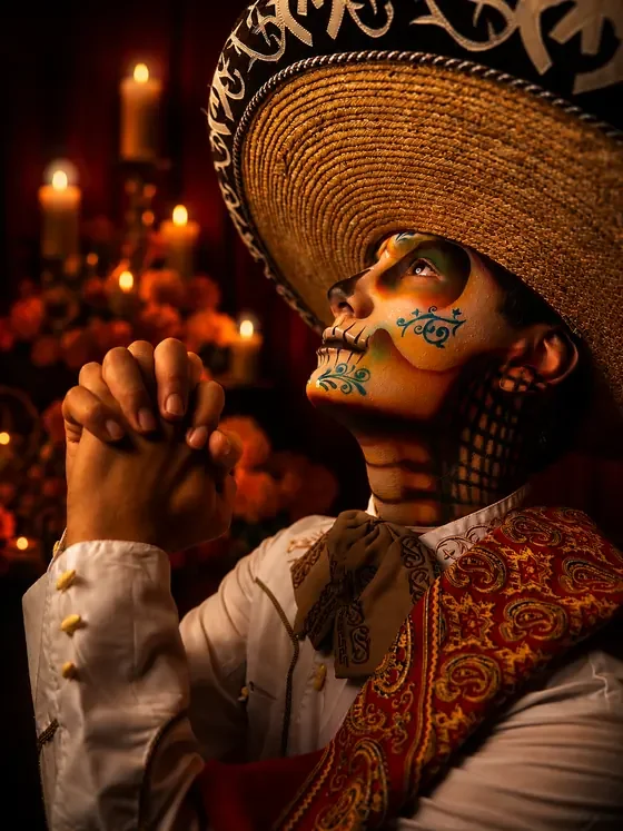 Catrin in embroidered charro attire and a sombrero posing by candlelight