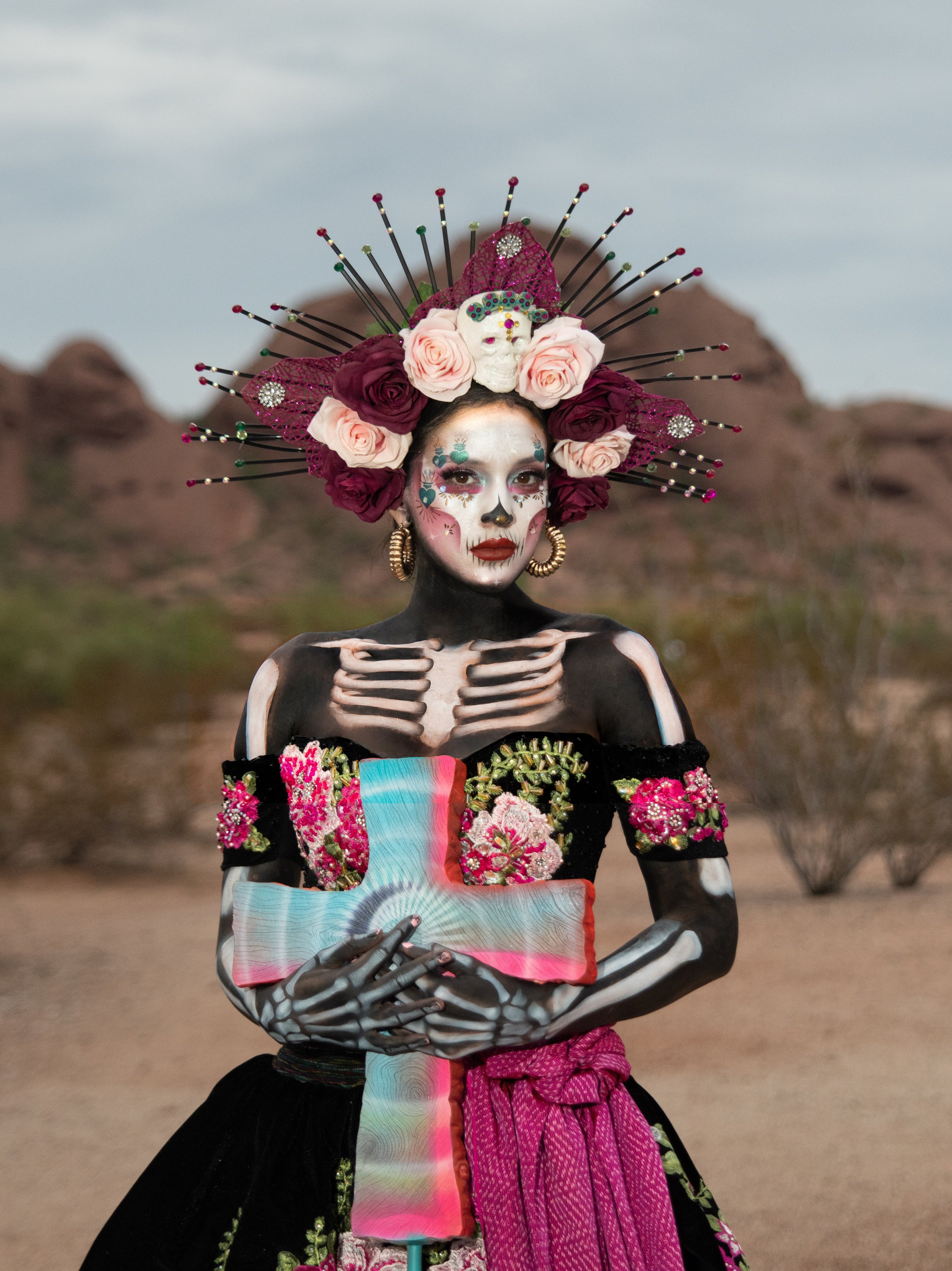 Catrina model in a traditional Day of the Dead costume at the Scottsdale Día de los Muertos Fiestas