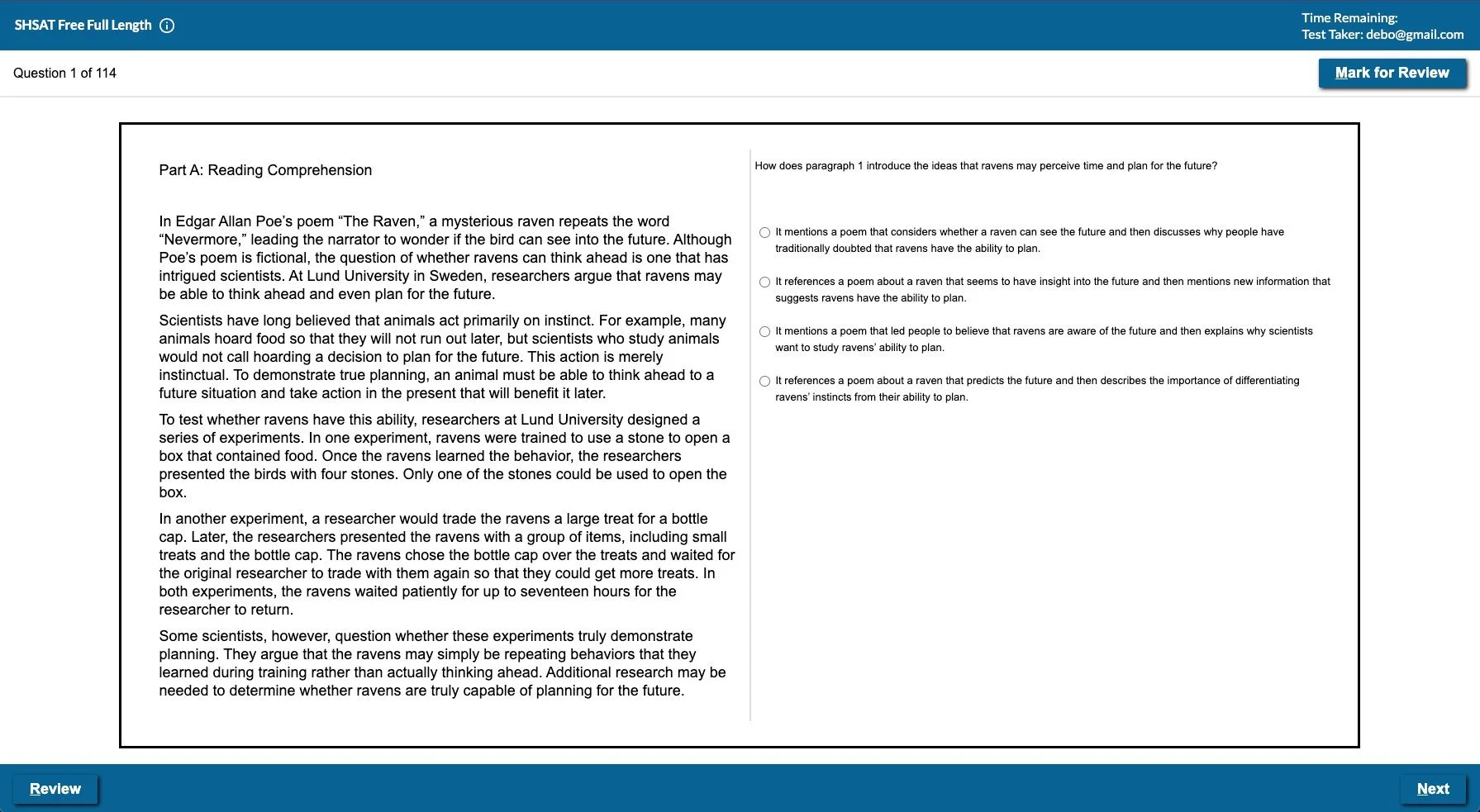 SHSAT practice test interface showing a reading comprehension passage and multiple choice questions