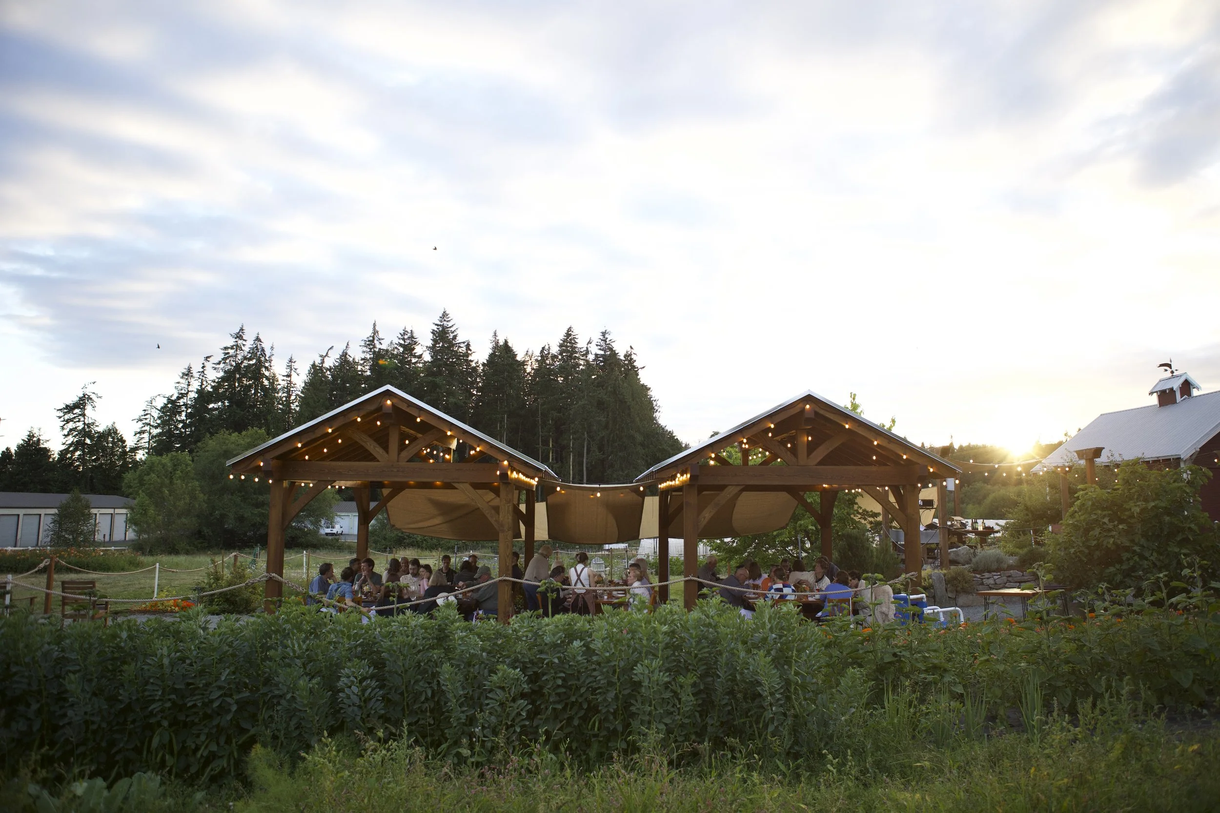 People dining around large wooden table at Orchard Kitchen