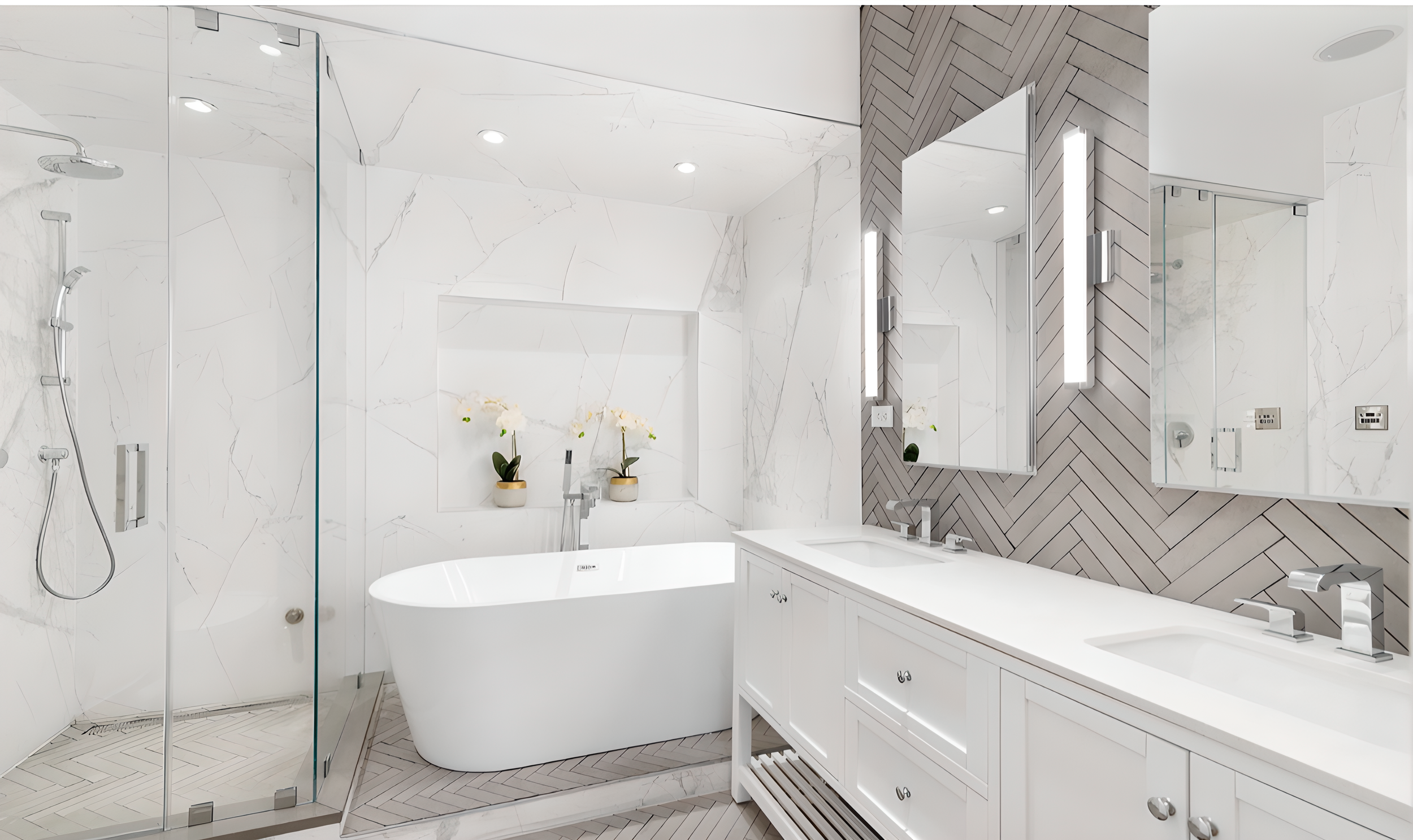 Luxury bathroom design with statement tub and marble