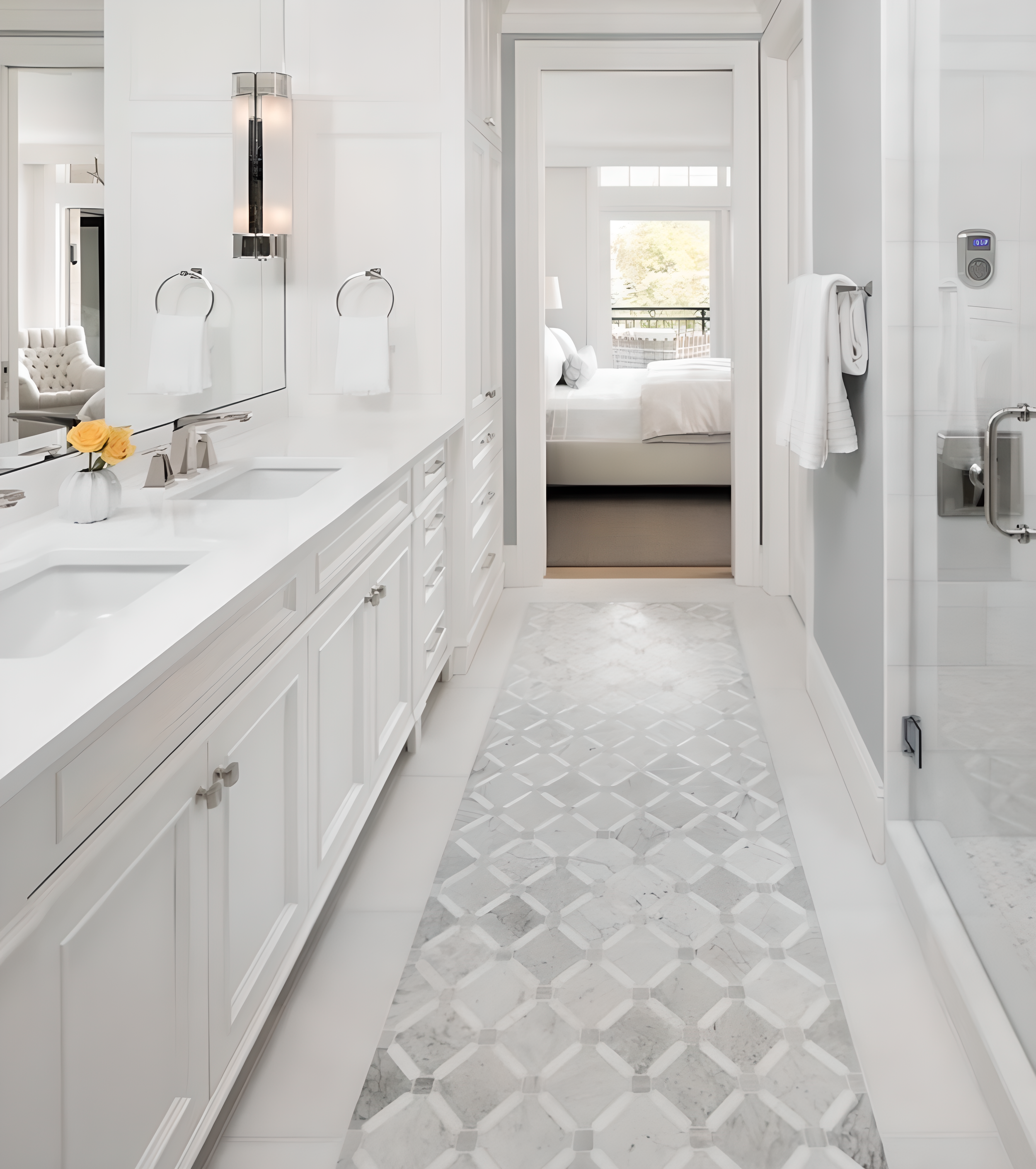 Bright bathroom remodel with double vanity