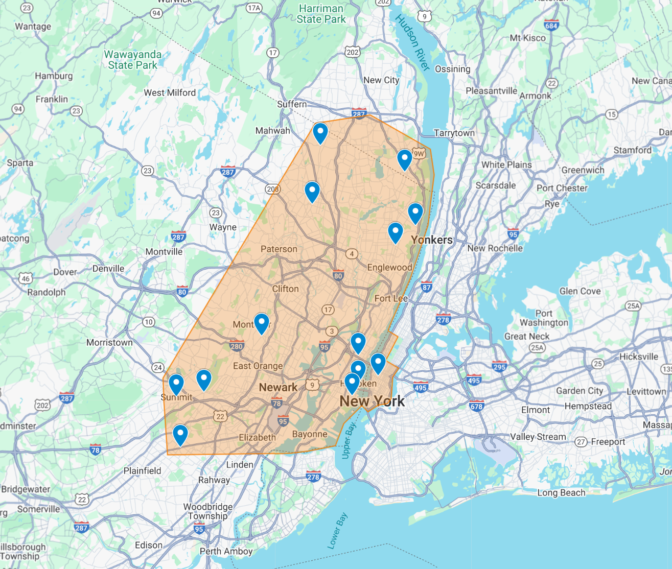 Map showing Hoboken Kitchen & Bath service area