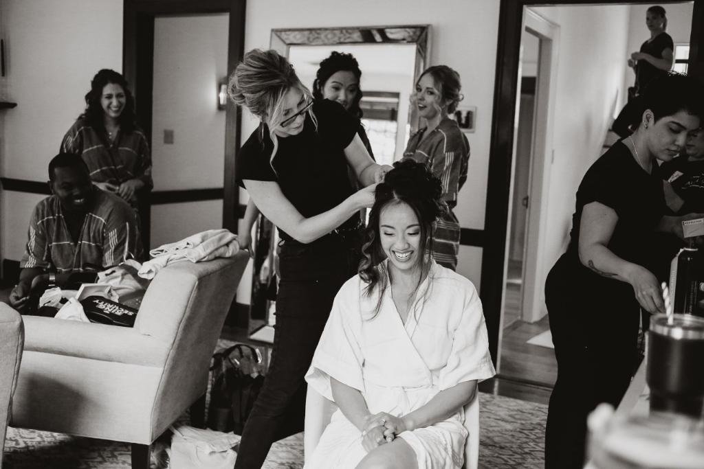 Bride and bridal party getting ready