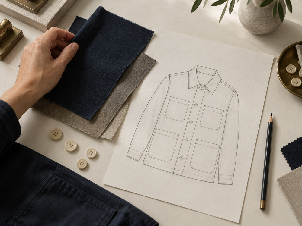 Uniform sketch with navy and stone fabric swatches