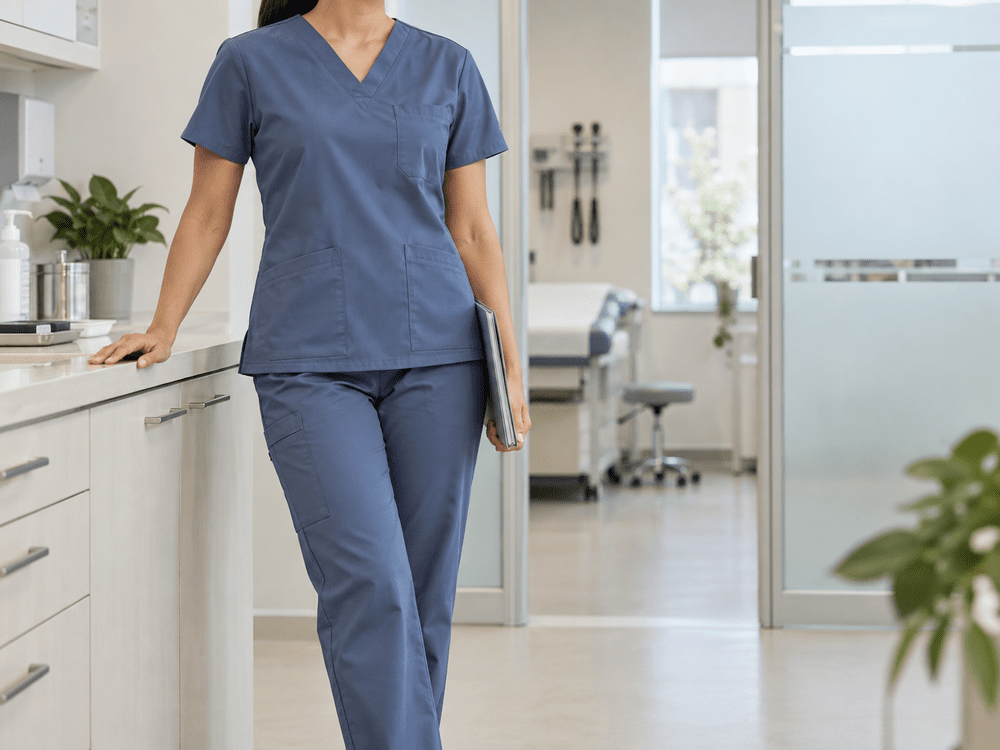 Slate-blue scrub top and trousers in a clinic