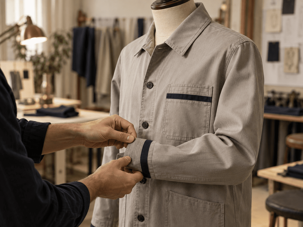 Tailor checking the cuff of a sample uniform