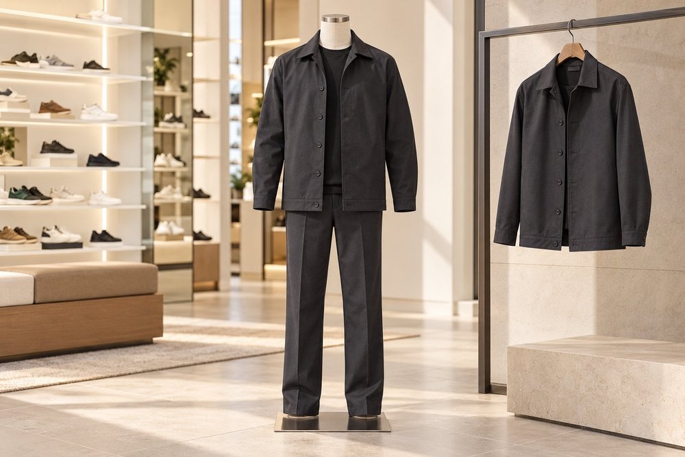 Charcoal ALDO twill jacket and trousers made by Arto, shown as an editorial product visualisation