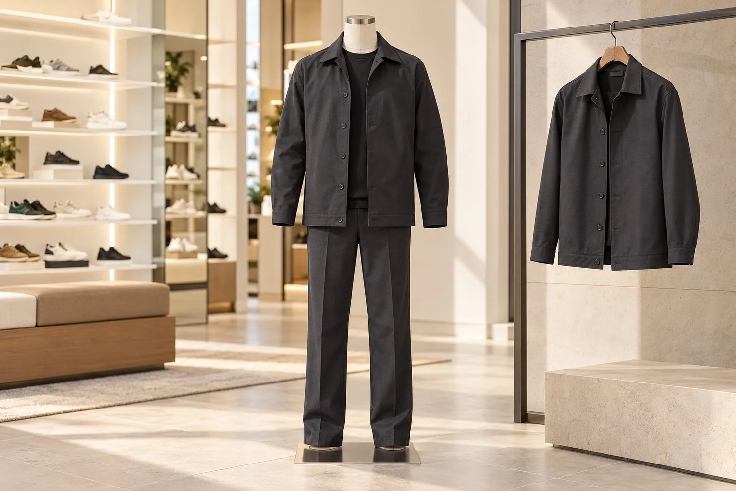 Charcoal twill jacket and trousers developed for ALDO store teams, shown as a product visualisation