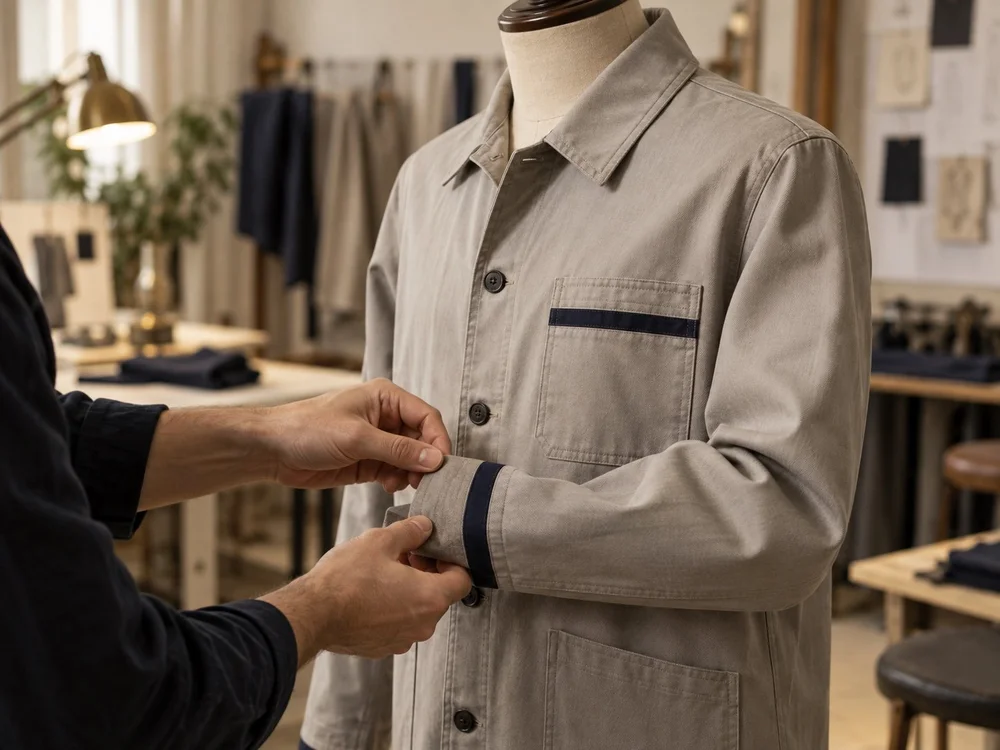 Tailor checking the cuff of a sample uniform