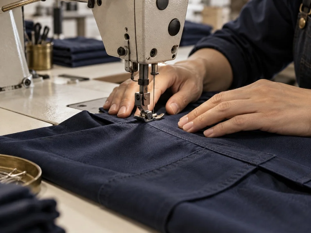 Close-up of navy uniform fabric being stitched