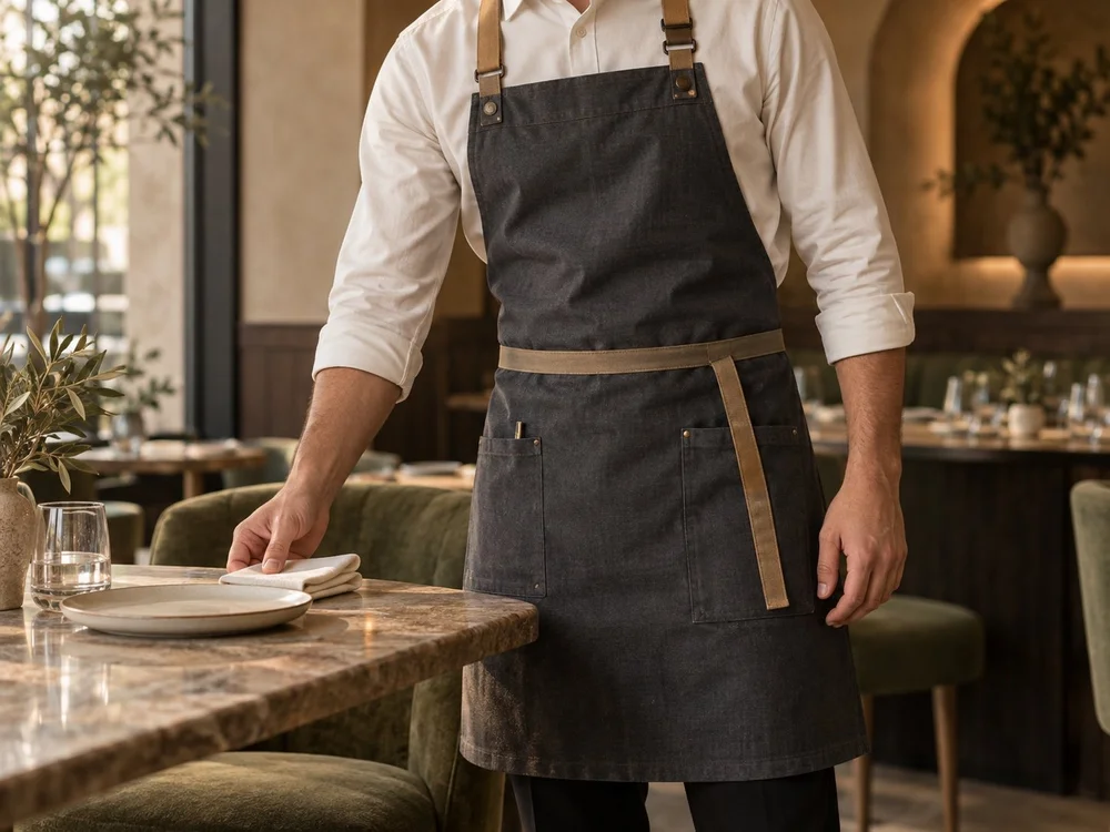 Service uniform with ivory shirt and charcoal apron in a restaurant