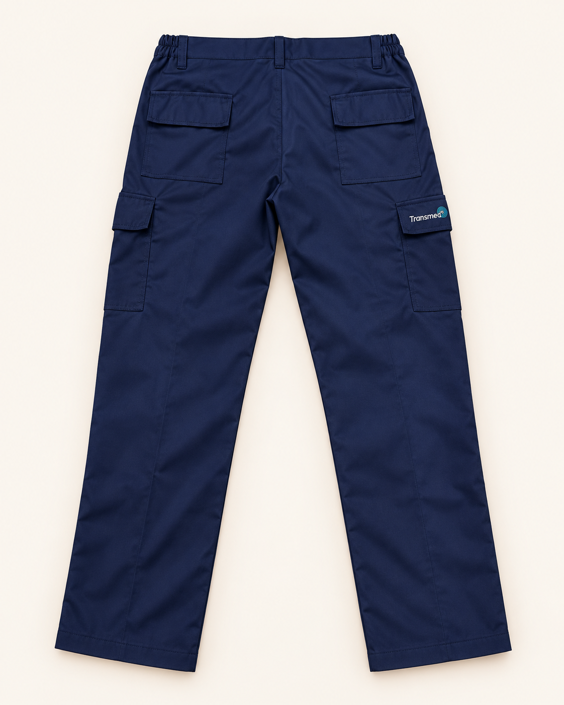 Navy Transmed cargo trousers, rear view