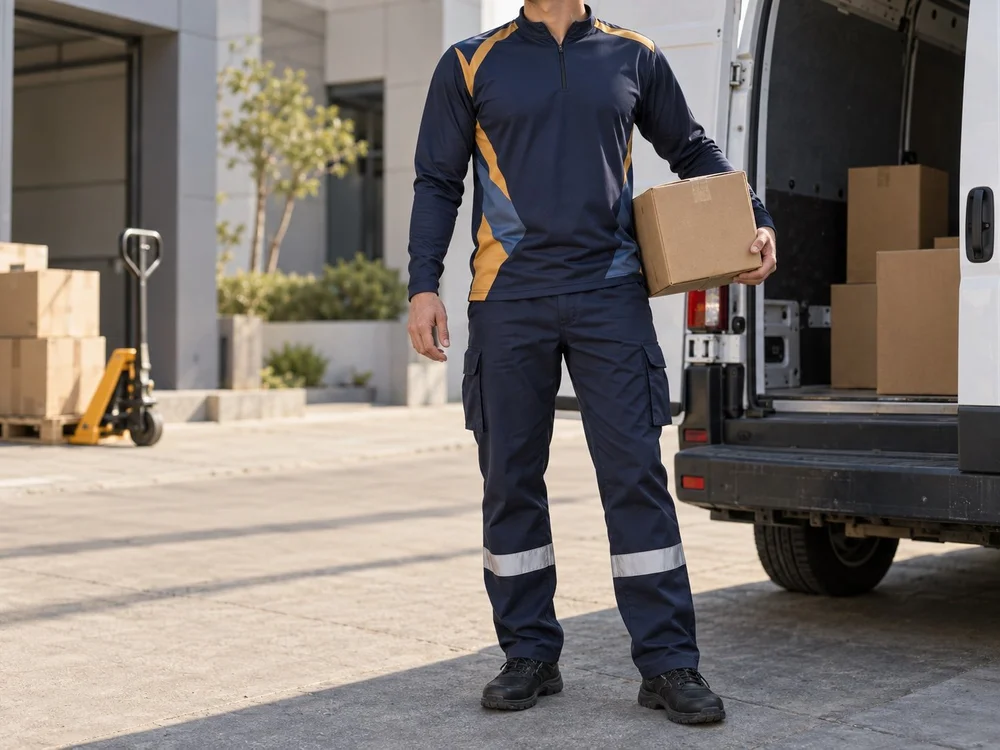 Long-sleeve delivery top and navy cargo trousers with reflective leg bands