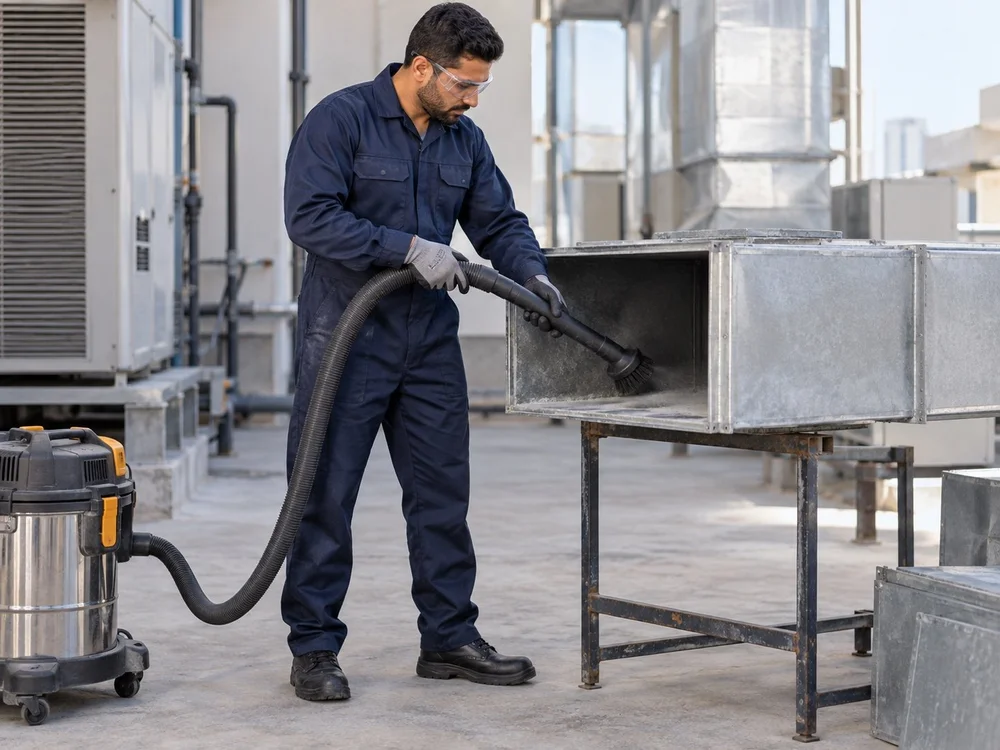 Navy coverall worn by a technician cleaning an HVAC duct