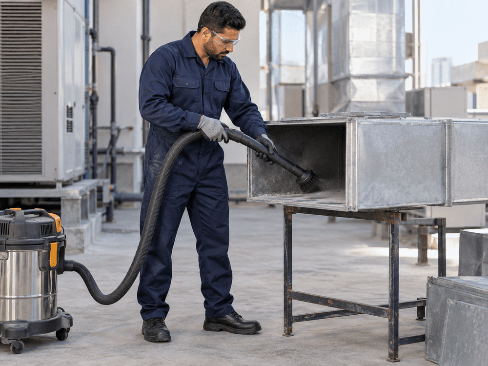 Navy coverall worn by a technician cleaning an HVAC duct