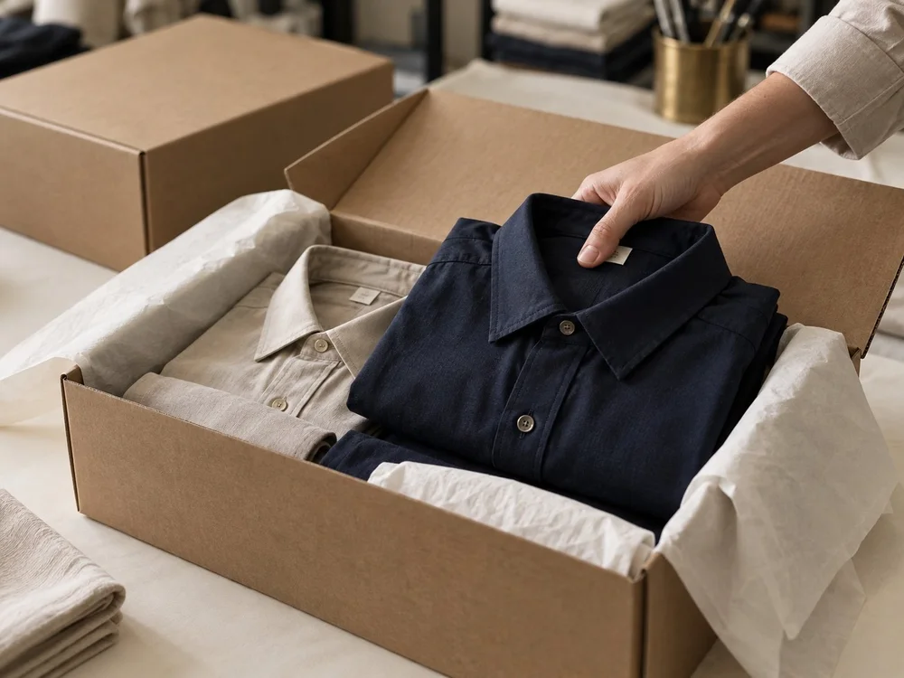 Finished navy and stone uniforms packed for delivery