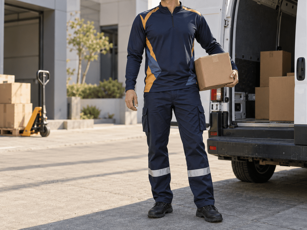 Long-sleeve delivery top and navy cargo trousers with reflective leg bands