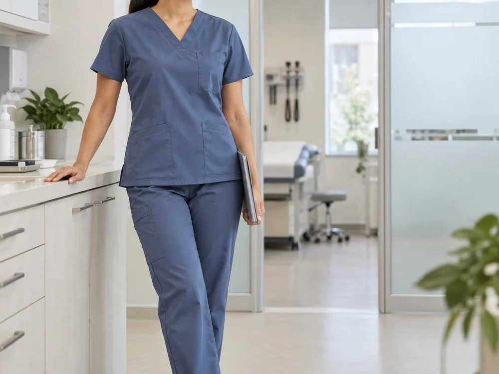 Slate-blue scrub top and trousers in a clinic