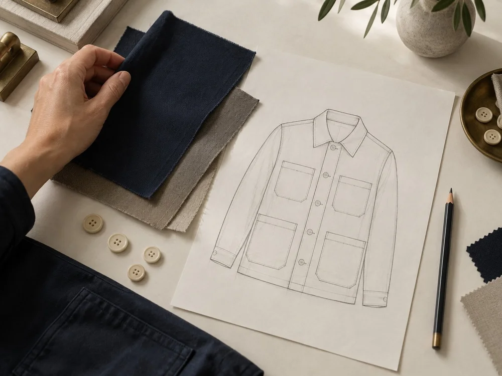 Uniform sketch with navy and stone fabric swatches