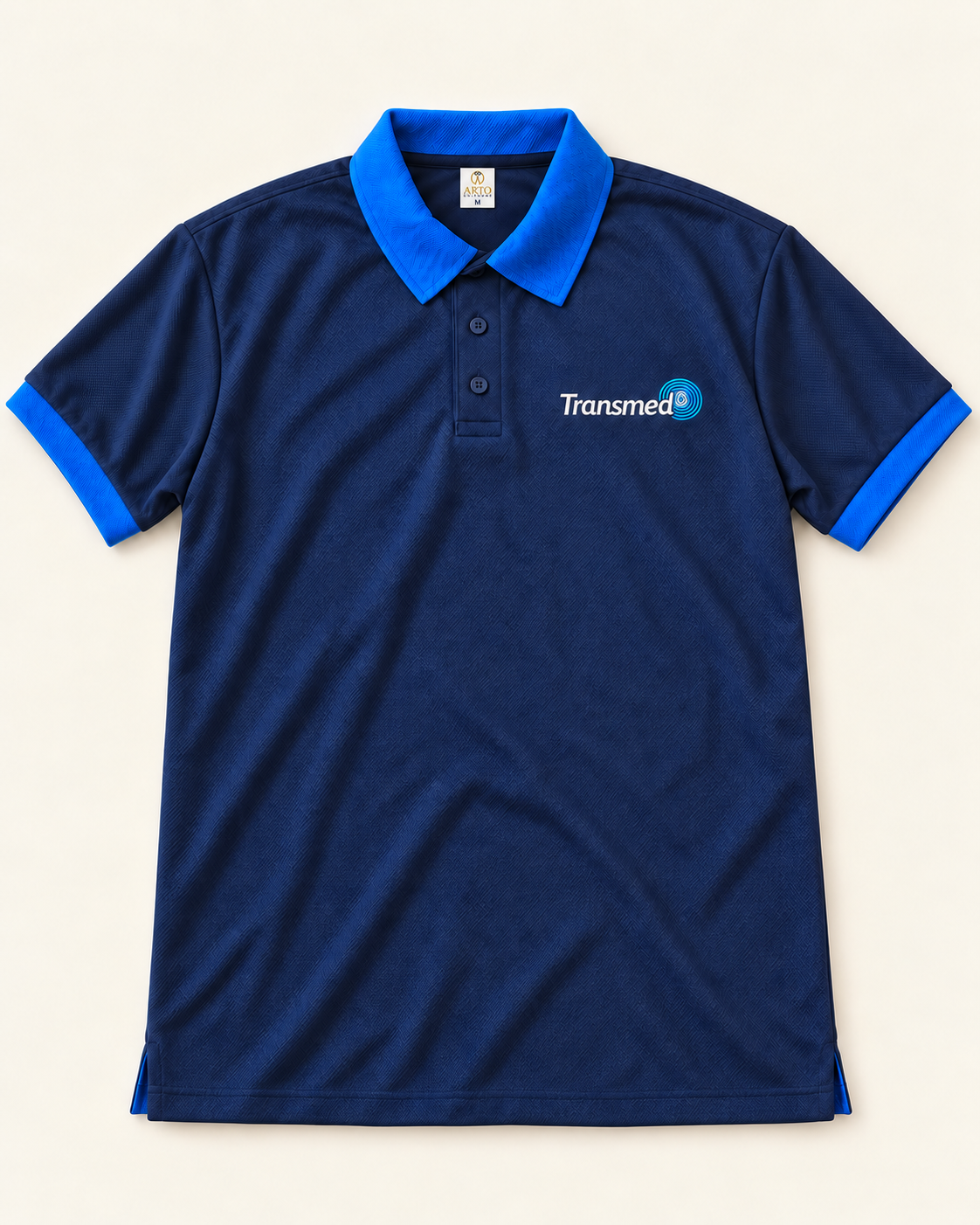 Navy Transmed polo with royal-blue collar and cuffs
