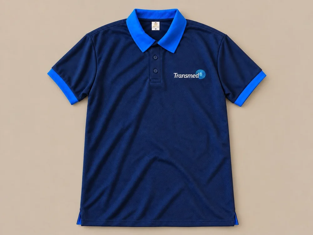 Navy Transmed polo on a warm stone background