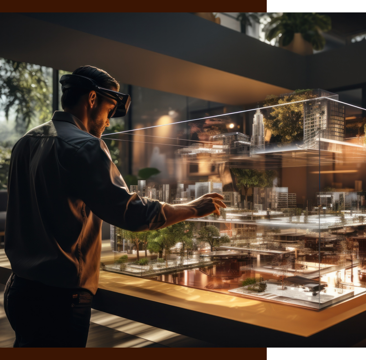 Architect wearing VR headset looking at 3-D city model