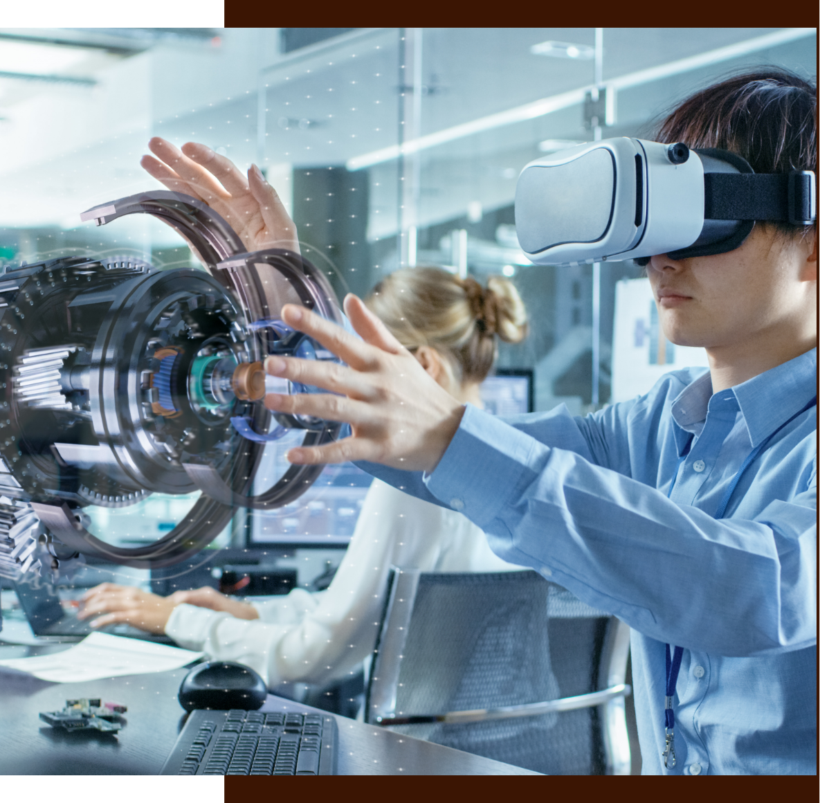 Man wearing VR looking at exploded view of mechanical part