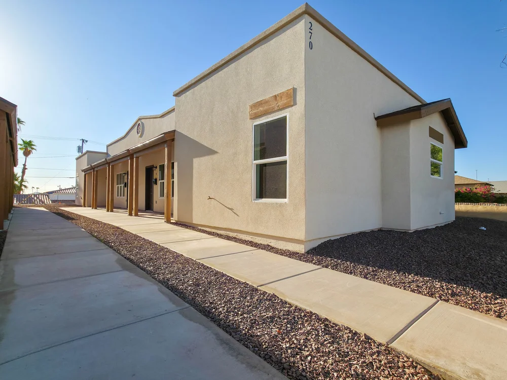 Covered entry and walkway to the units