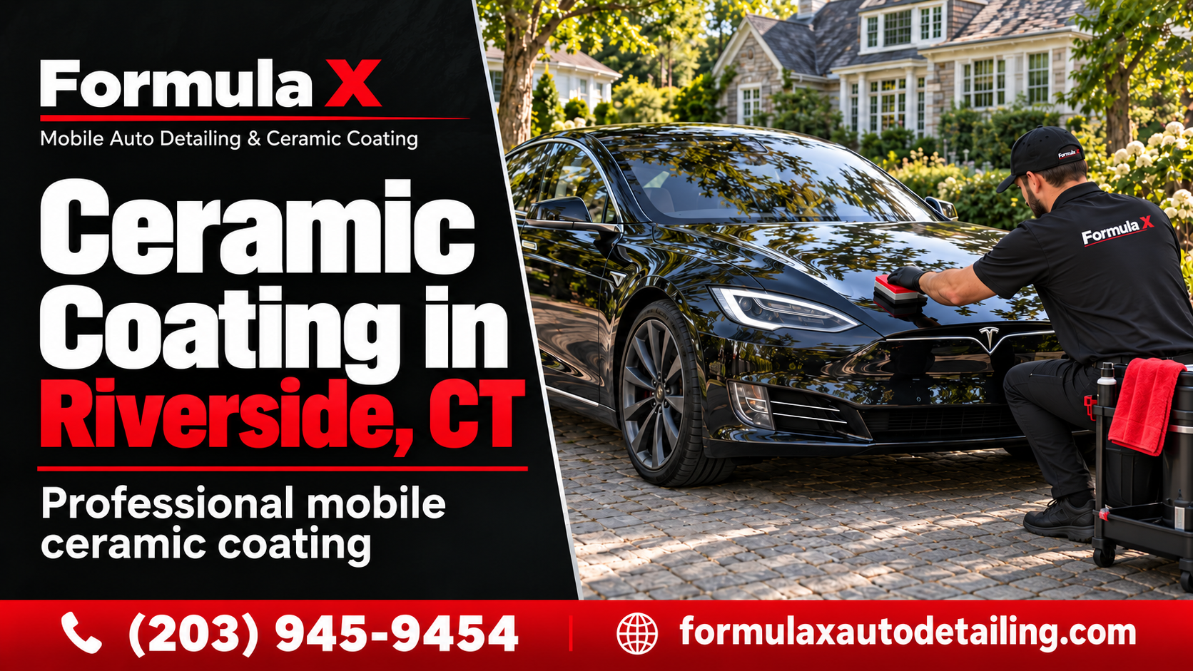 Formula X featured graphic showing ceramic coating application on a Tesla Model S in Riverside, Connecticut