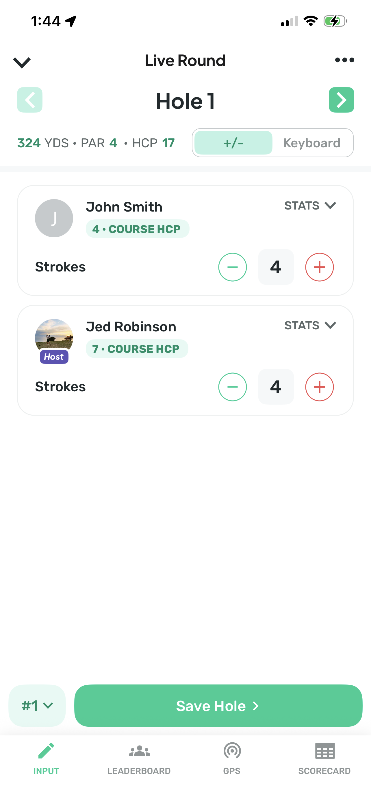Live round — Hole 1 stroke entry