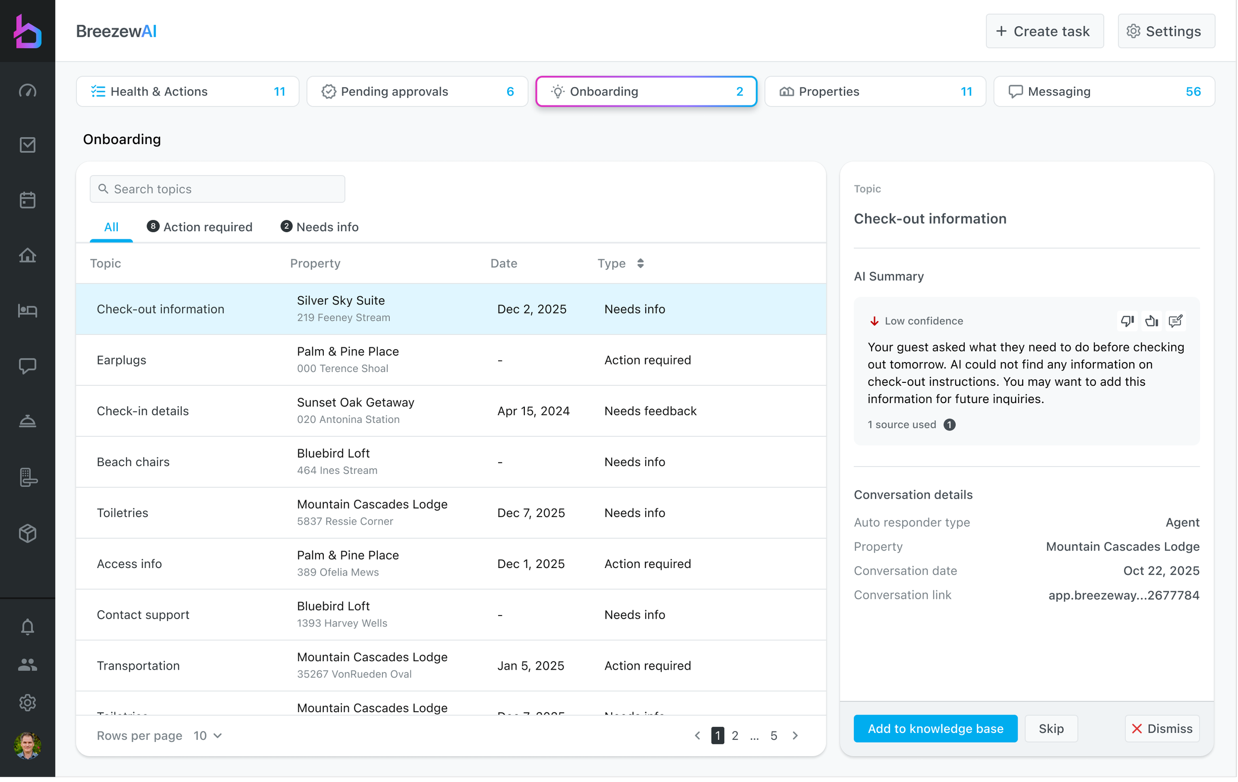 Onboarding knowledge topics with a low confidence AI summary and add to knowledge base action