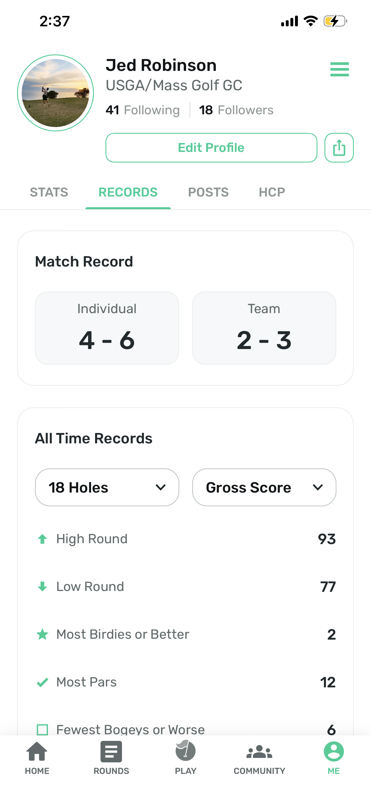 Profile — Records: match record and all-time records