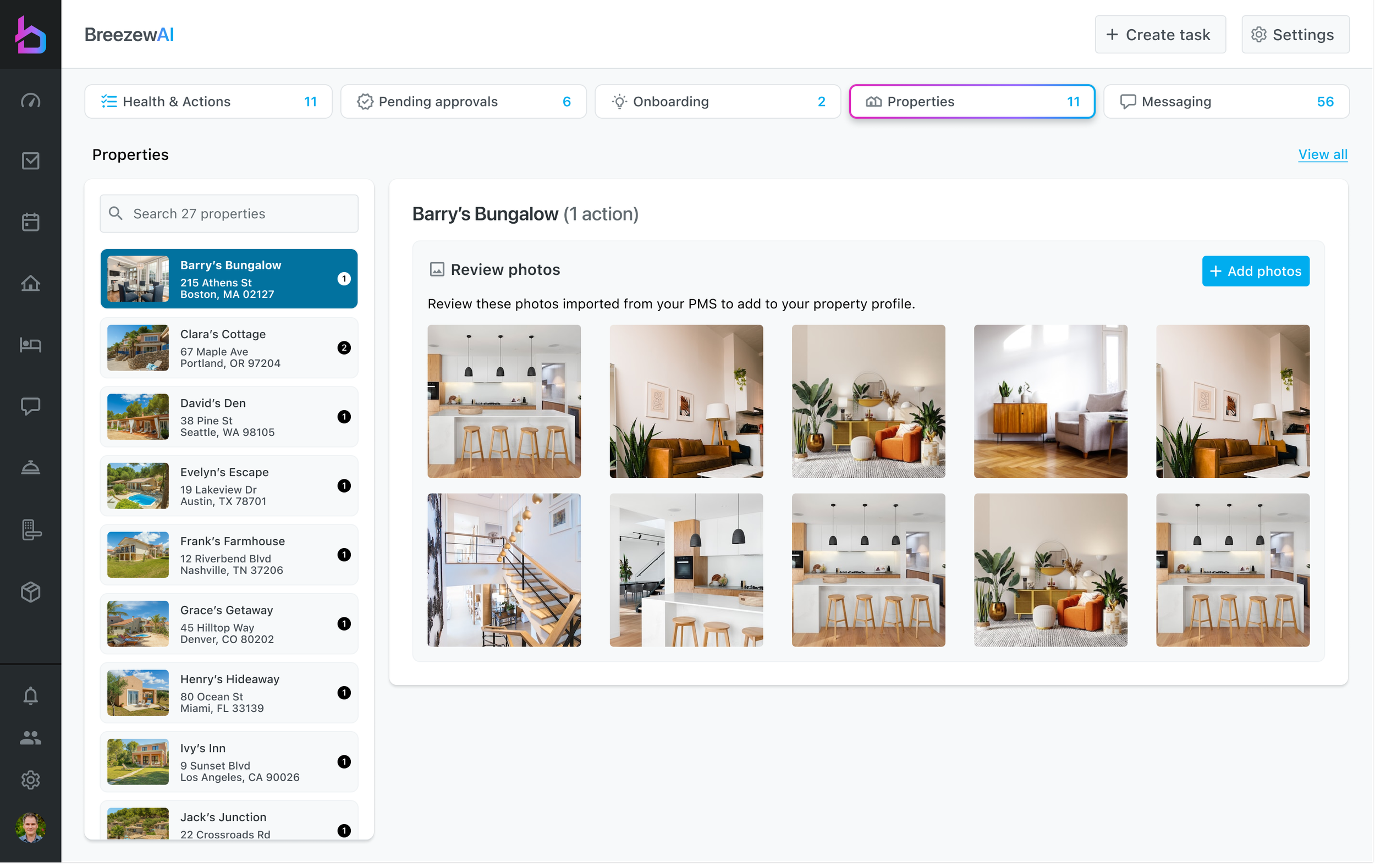 Properties list with per-property action counts and a photo review grid imported from the PMS