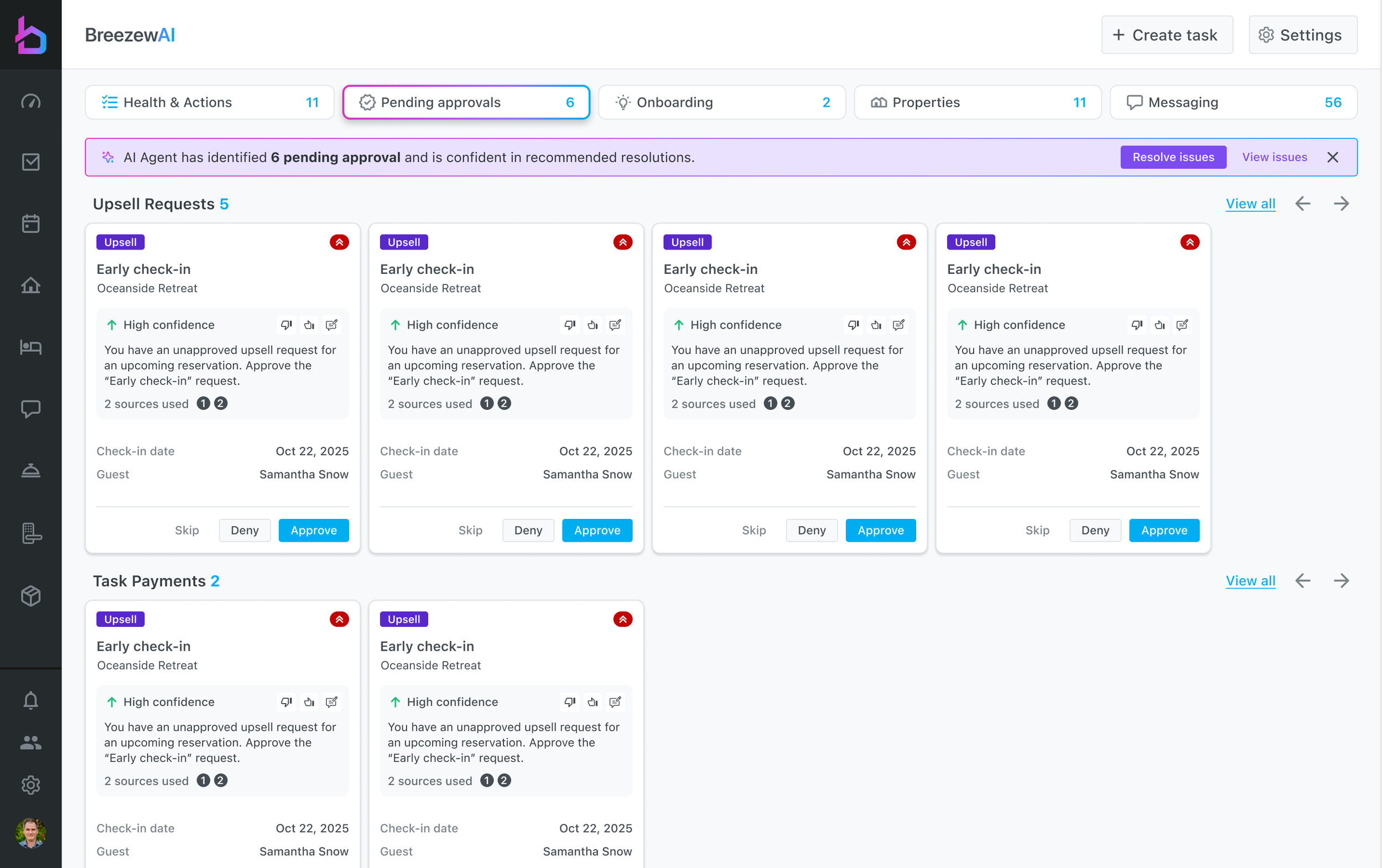 Pending approvals with upsell request and task payment cards