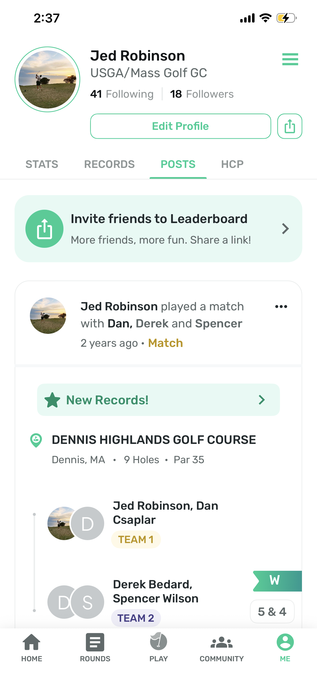 Profile — Posts: round and match history